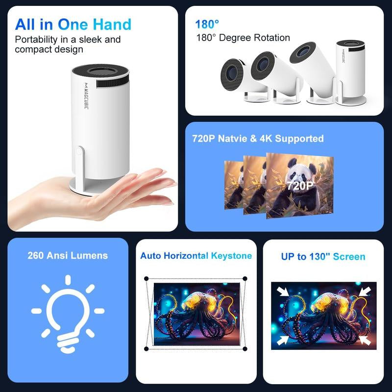 Projector, Portable Projector with 1080P Full HD Support, Wireless Screen Mirroring, Keystone Correction, 180° Rotation, Compatible with Phones/Tv Sticks/Laptops/4K Ultra HD Projection Screen.