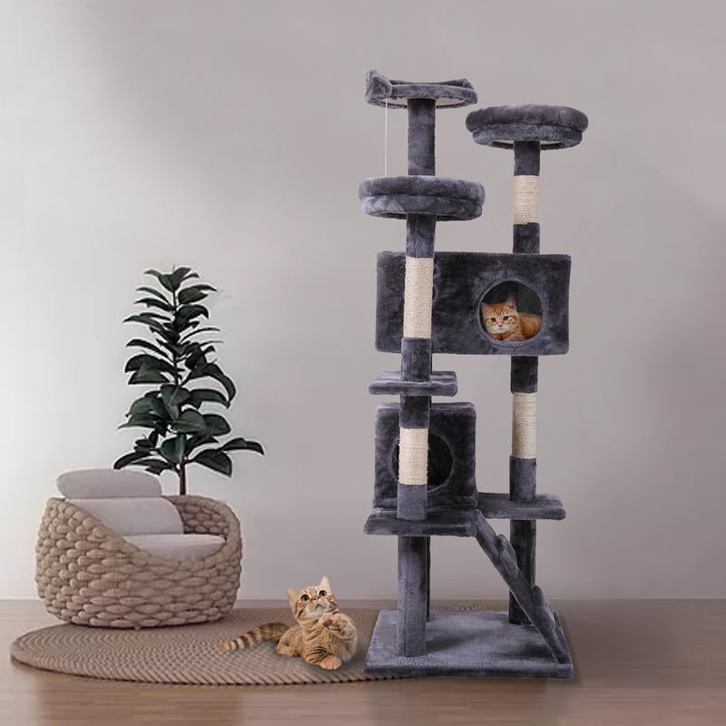 Tiasdof Cat Tree Cat Tower with Scratching Ball, Plush Cushion, Cat Furniture Ladder and Condos for Indoor Cats, Gray, Multi Level Cat Tower, Cat Gift